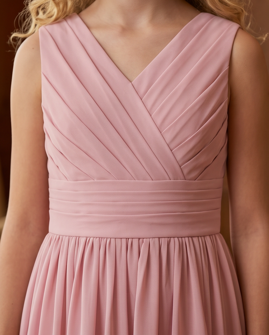 A close-up of a sleeveless dusty pink dress with a V-neckline, pleated bodice, and gathered waistband, shown on a model.