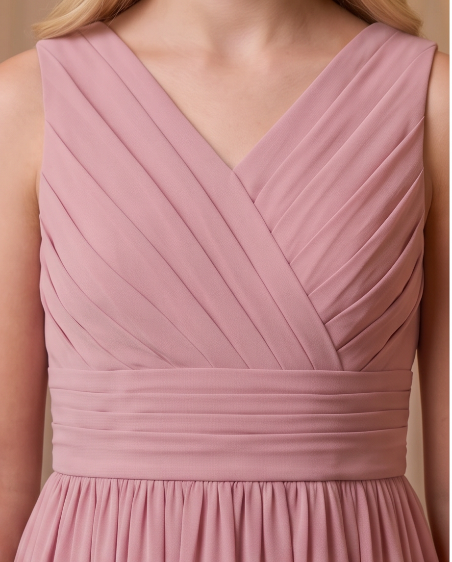 Close-up of a sleeveless dusty pink dress with a V-neckline, diagonal pleated bodice, and a gathered waistband.