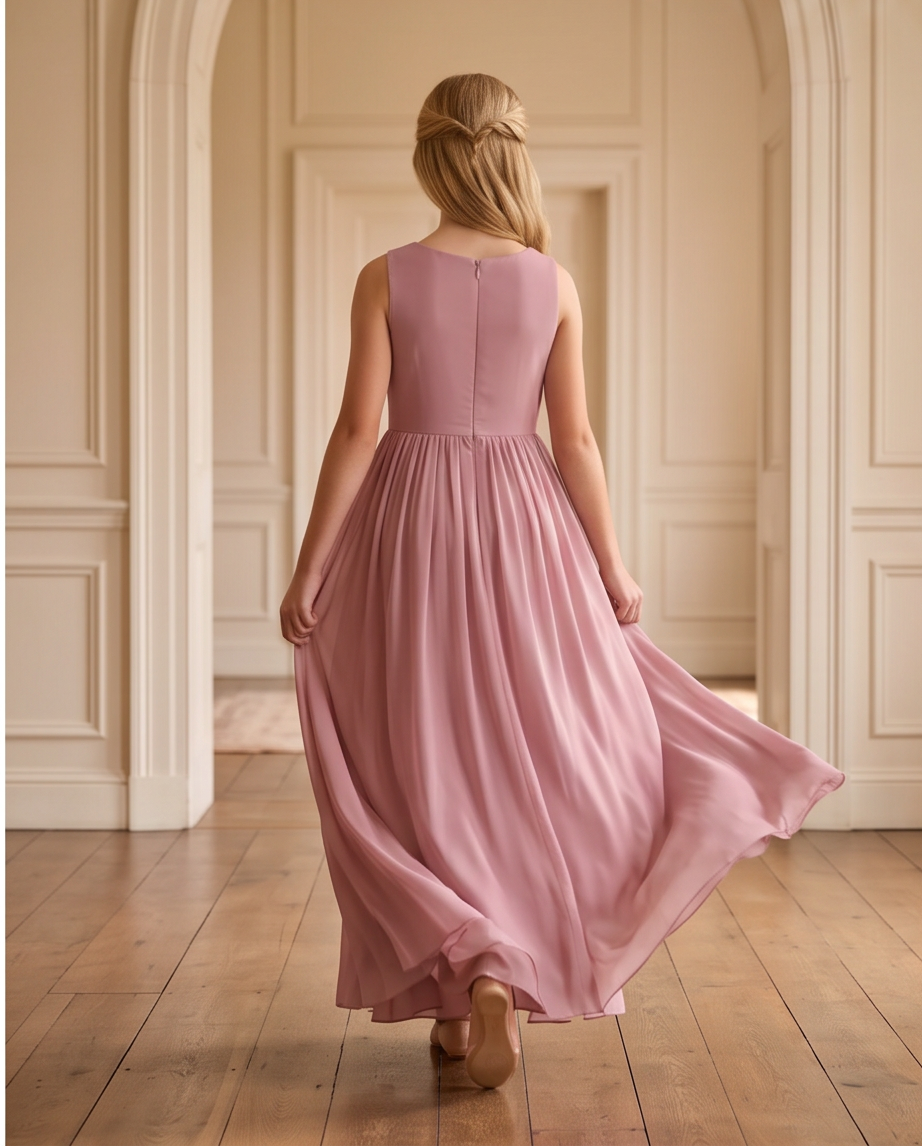 A woman viewed from behind wearing a sleeveless dusty pink maxi dress with a fitted bodice and flowing skirt, walking through a classic cream-colored hallway with wooden floors.