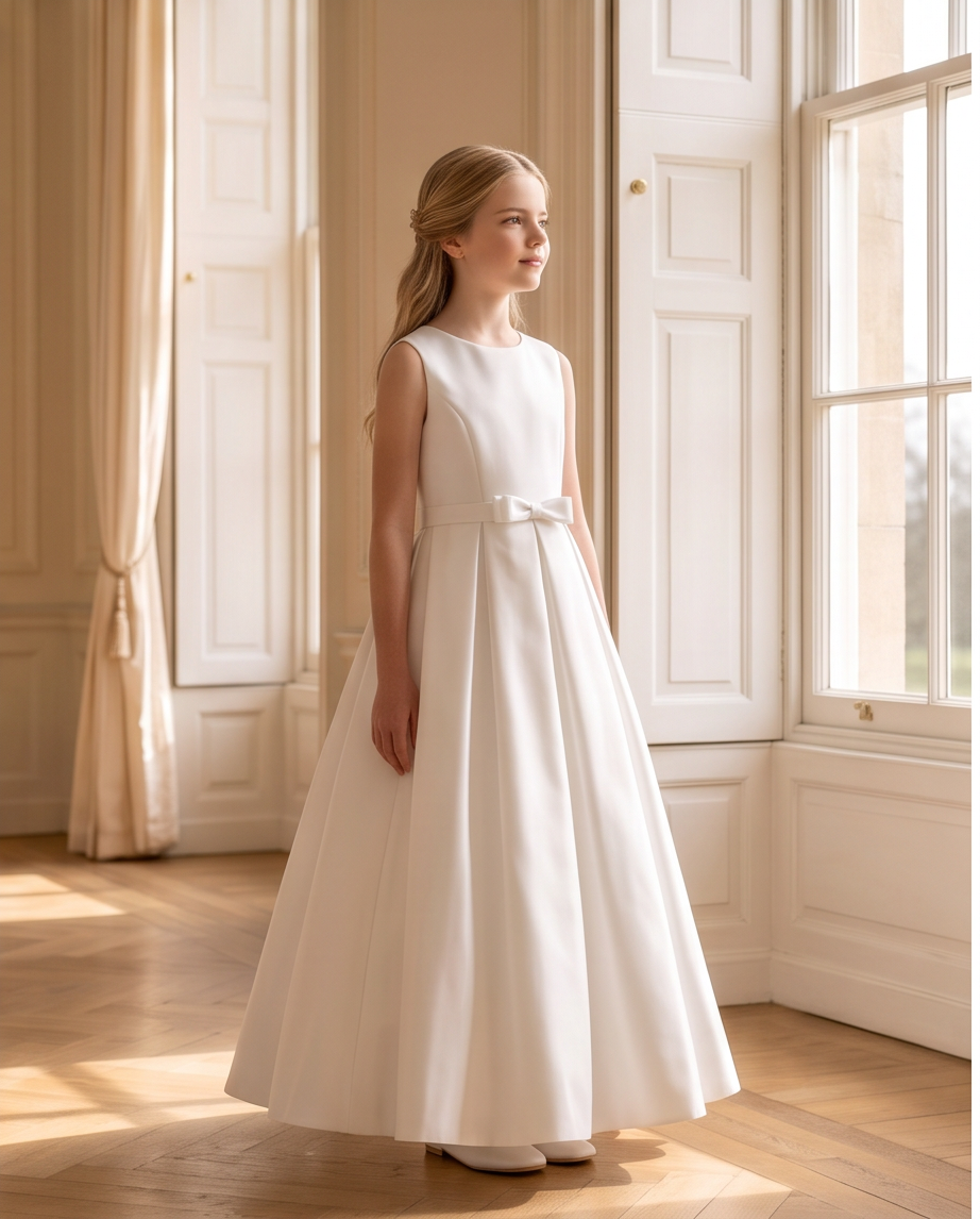 A young girl stands in a bright, elegant room wearing a sleeveless white first party dress with a fitted bodice, waist bow, and full skirt. The room features warm cream walls, classic window panes, and a light wood parquet floor.