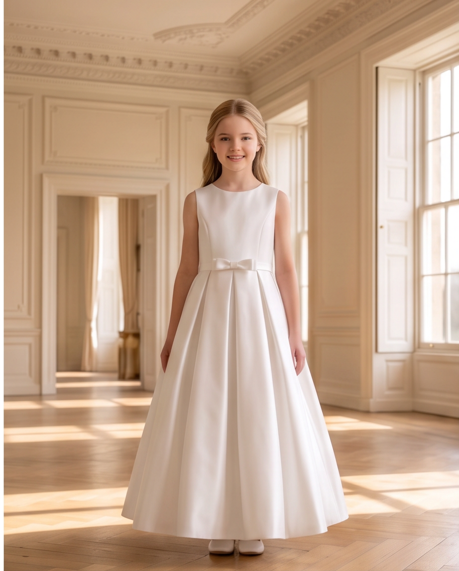 A young girl stands in a grand, sunlit room wearing a sleeveless white formal dress with a fitted bodice, a bow at the waist, and a full flared skirt.