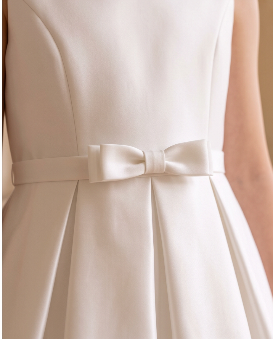 Close-up of a sleeveless ivory dress with a satin waist belt and bow detail, shown on a model.