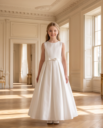 A young girl with blonde hair stands in a grand, elegant room wearing a sleeveless white first communion dress with a fitted bodice, a matching bow at the waist, and a full A-line skirt.