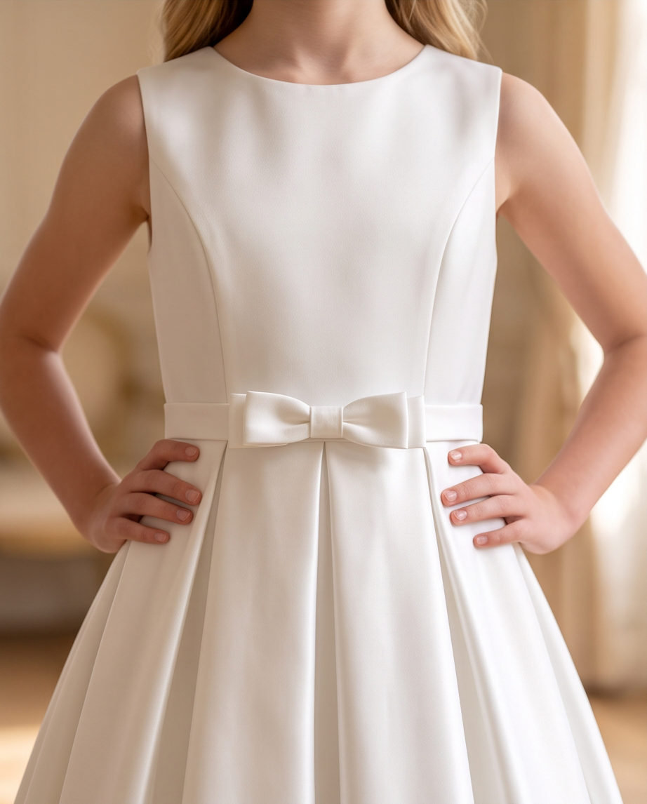 A sleeveless white dress with a structured bodice, a matching waistband bow, and a flared skirt, shown on a model with hands on hips against a warm beige background.