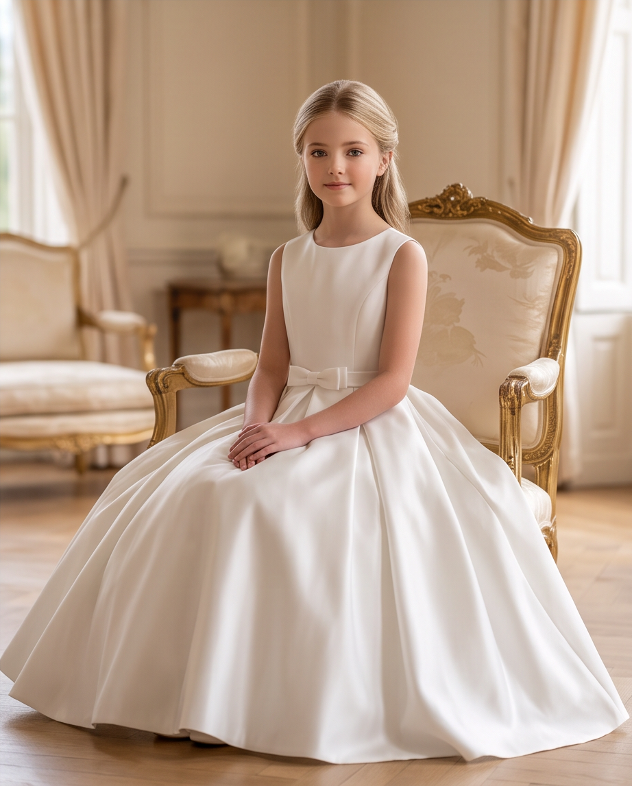 A young girl with blonde hair sits in an ornate gold and cream armchair, wearing a sleeveless white first communion dress with a fitted bodice, waist bow, and full ball gown skirt in a beautifully lit room.