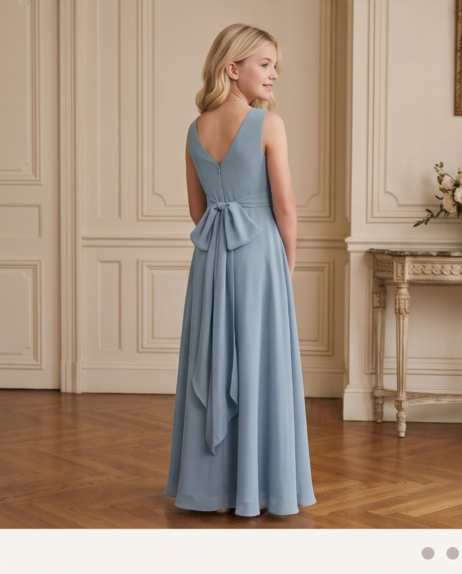 A young blonde woman stands in a classic indoor room, viewed from the back, wearing a floor-length dusty blue dress with a large bow detail at the back waist.