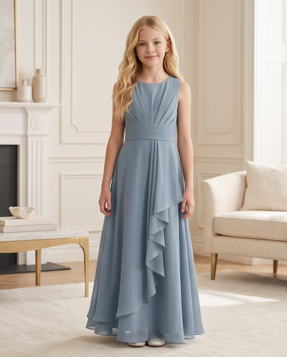 Dusty Blue Chiffon Flower Girl Dress – Elegant Junior Bridesmaid & Special Occasion Gown