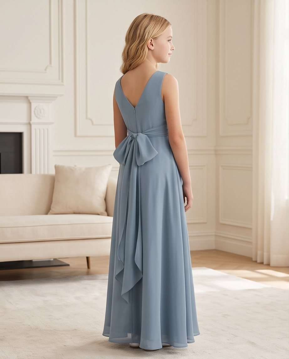 A young girl with blonde hair is shown from the back wearing a sleeveless, dusty blue maxi dress with a large bow at the waist, standing in a bright, elegant room with cream walls and a sofa in the background.