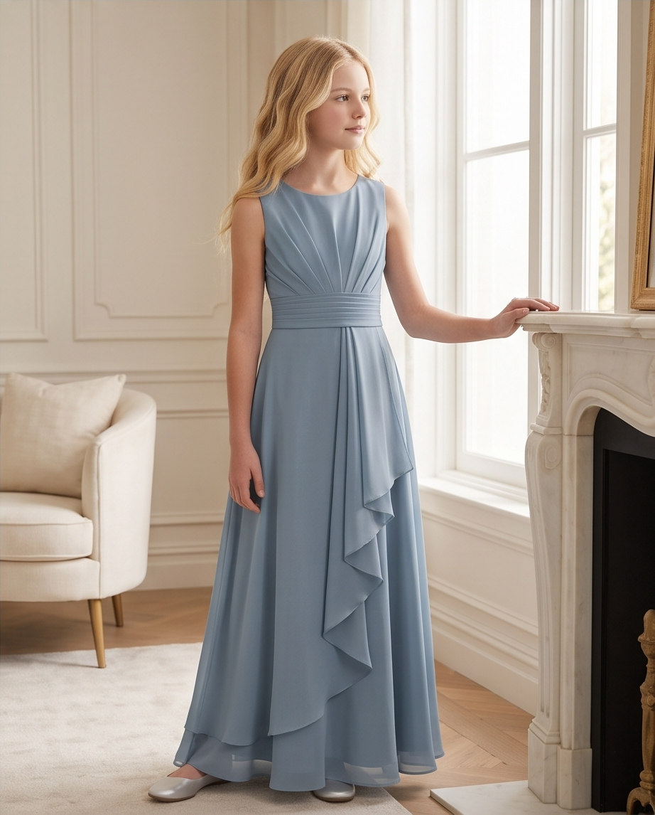 A young girl with blonde hair stands in a bright room wearing a sleeveless, floor-length light blue dress with a pleated bodice and layered ruffle skirt. She is posed next to a white fireplace mantel in a classic interior setting.