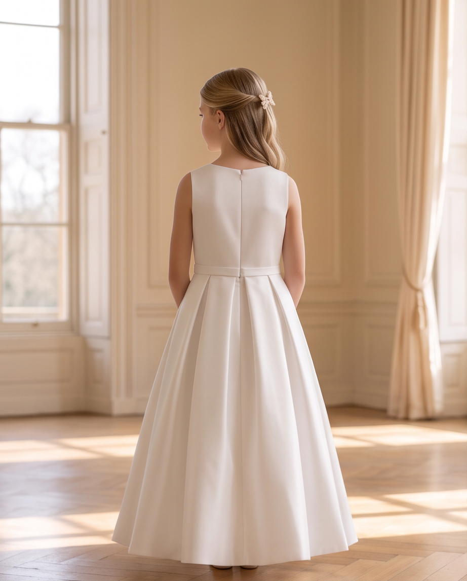 A young girl viewed from behind wearing a sleeveless white A-line dress with a defined waist and pleated skirt, standing in a sunlit room with cream walls, windows, and curtains.