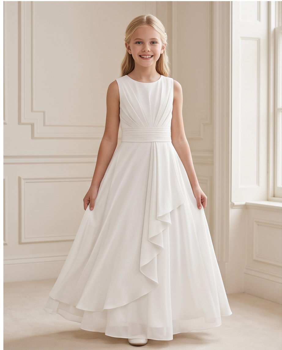 A young girl with blonde hair stands in a bright, elegant room wearing a sleeveless white A-line dress with a pleated bodice and layered ruffle skirt.