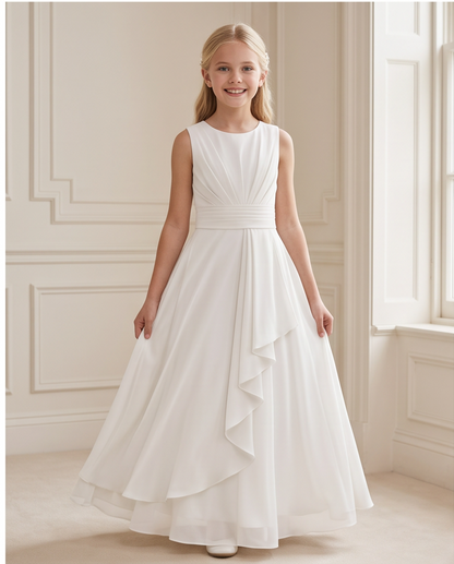 A young girl with blonde hair stands in a bright, elegant room wearing a sleeveless white A-line dress with a pleated bodice and layered ruffle skirt.