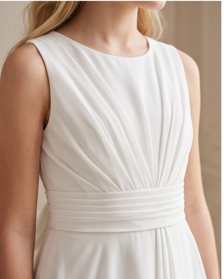 Close-up of a woman wearing a sleeveless white dress with a round neckline, draped bodice, and a matching fabric waistband, shown against a softly lit neutral background.