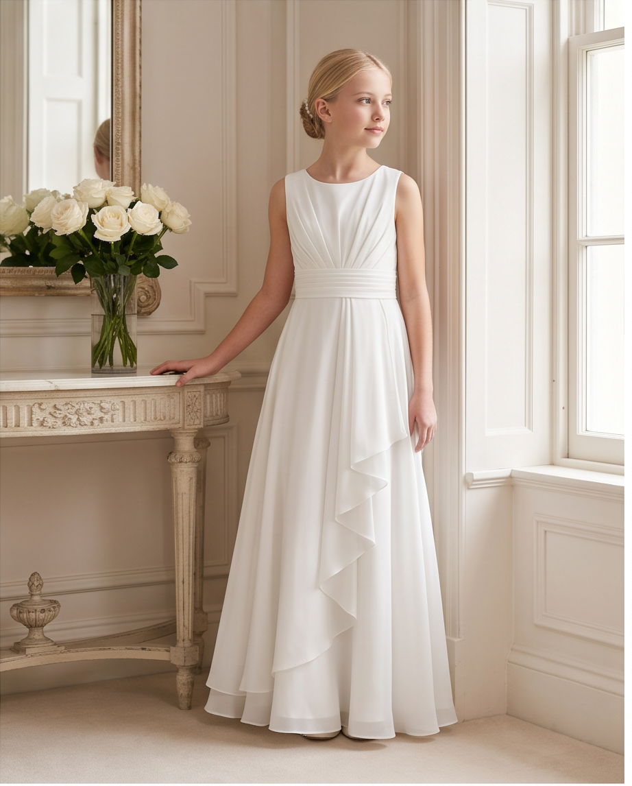 A young girl with blonde hair in a bun stands in a bright, elegant room wearing a sleeveless white A-line dress with a pleated bodice and a layered ruffle hem. She is posed next to a console table with a vase of white roses.