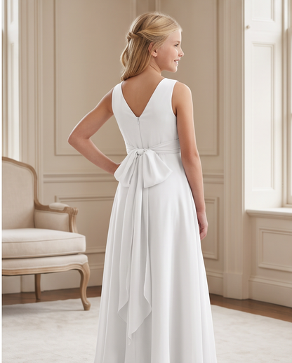 White Chiffon First Communion Dress - Back Bow Detail Close Up