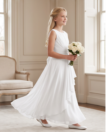 White Chiffon First Communion Dress - Elegant Pose by Window