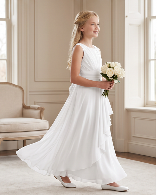 White Chiffon First Communion Dress - Elegant Pose by Window