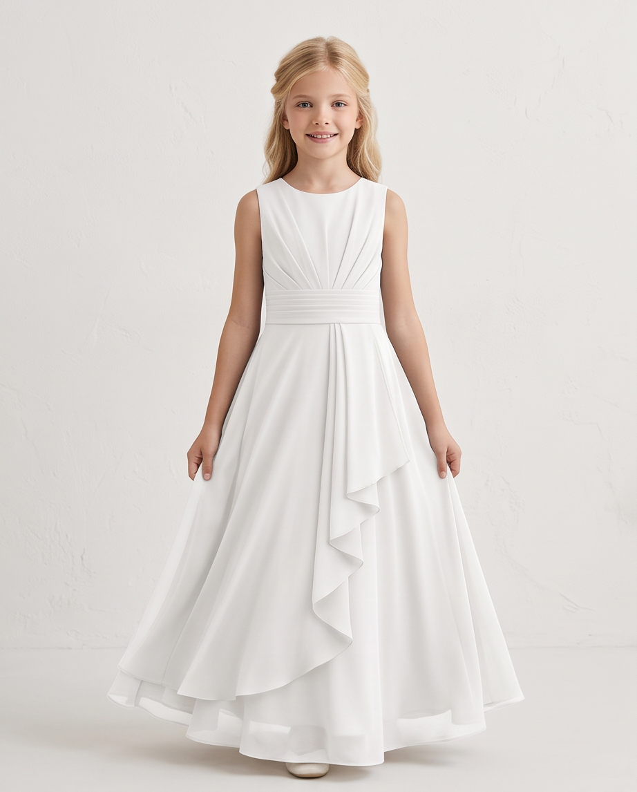 White Chiffon First Communion Dress - Side View with Ruffle Skirt