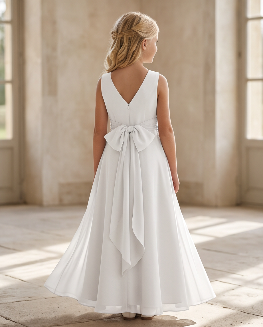 White Chiffon First Communion Dress - Close Up Pleated Bodice Detail