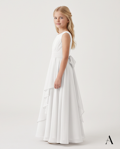 White Chiffon First Communion Dress - Back View showing V-Back and Satin Bow