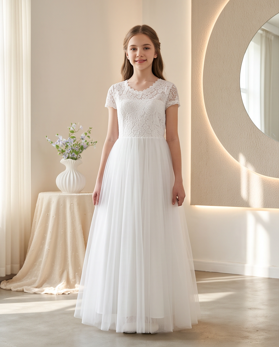 A young girl wearing a white lace and tulle A-line dress, standing in a brightly lit, modern cream-colored room with a decorative table and vase on the left.