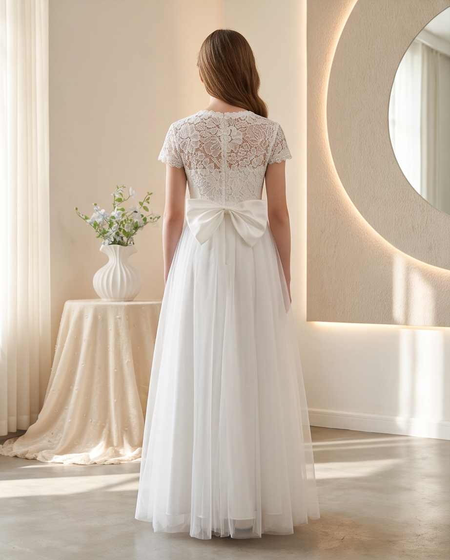 A woman stands with her back to the camera wearing a white lace and tulle wedding dress with a large bow at the back waist. The setting is a softly lit indoor space with warm beige walls, a draped table with flowers, and a large circular mirror.