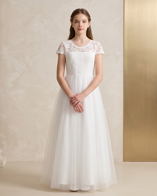 Elegant Lace & Tulle First Communion Dress - Front View