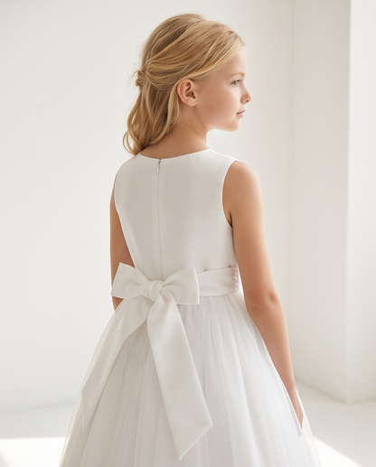 Girls White Satin 3D Floral Appliqué Communion Dress - Back View with Satin Bow
