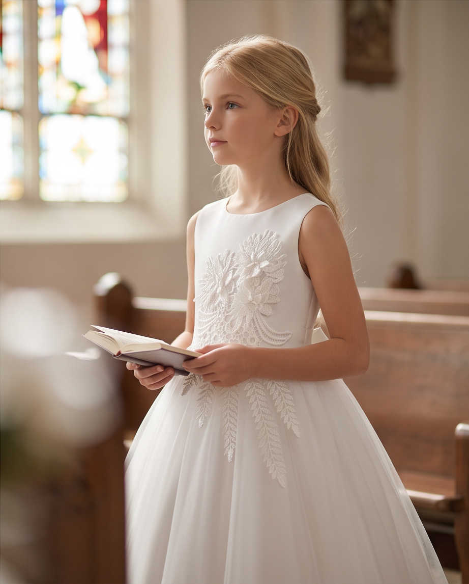 Girls White Satin 3D Floral Appliqué Communion Dress - Church Lifestyle Shot
