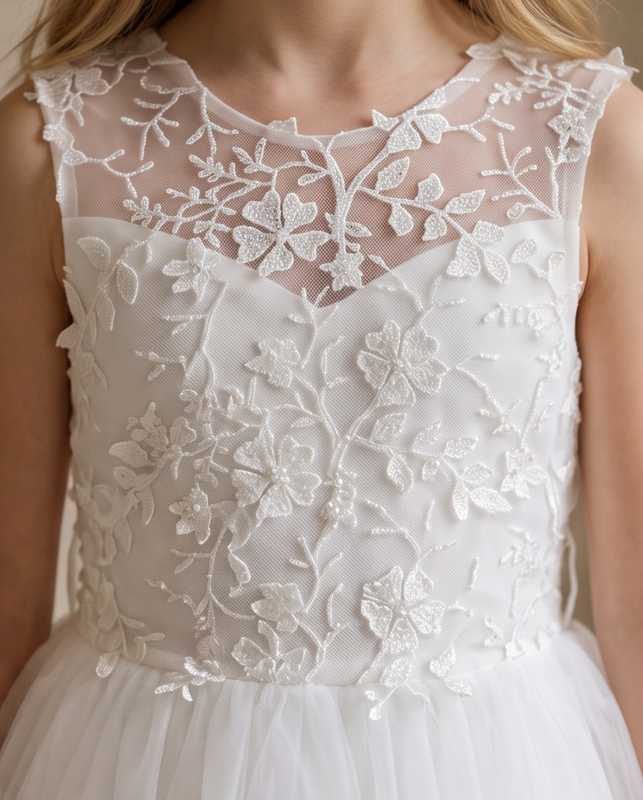Girls White 3D Floral Appliqué Communion Dress - Embroidered Bodice Close Up