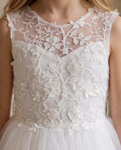 Girls White 3D Floral Appliqué Communion Dress - Embroidered Bodice Close Up