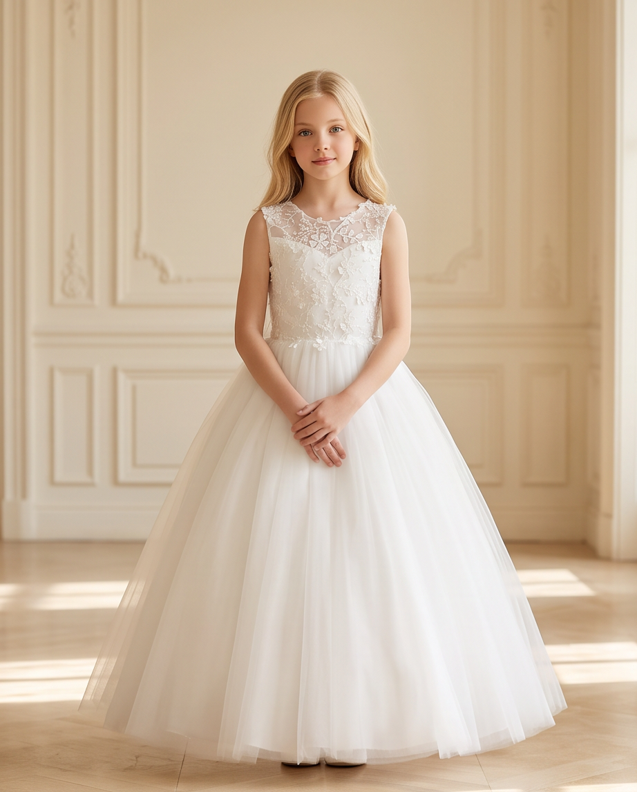 Girls White 3D Floral Appliqué Communion Dress - Twirling Back View