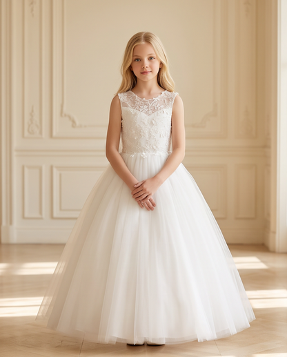 Girls White 3D Floral Appliqué Communion Dress - Twirling Back View