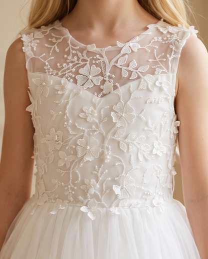 Girls White 3D Floral Appliqué Communion Dress - Sheer Illusion Neckline Detail