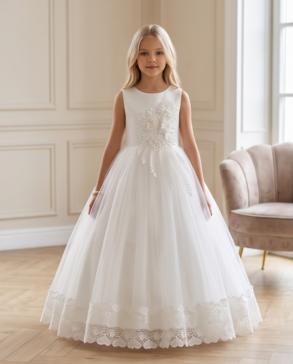 Girls White Satin 3D Floral Appliqué Communion Dress - Full Length Standing View