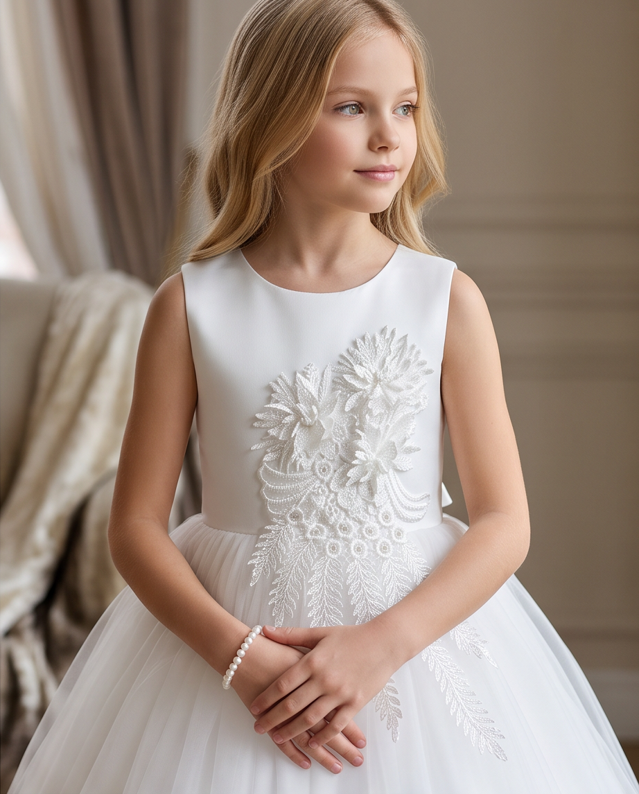 Girls White Satin 3D Floral Appliqué Communion Dress - 3D Floral Bodice Close Up