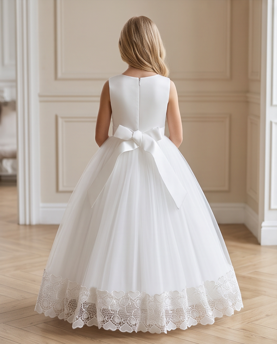 Girls White Satin 3D Floral Appliqué Communion Dress - Full Length Front View
