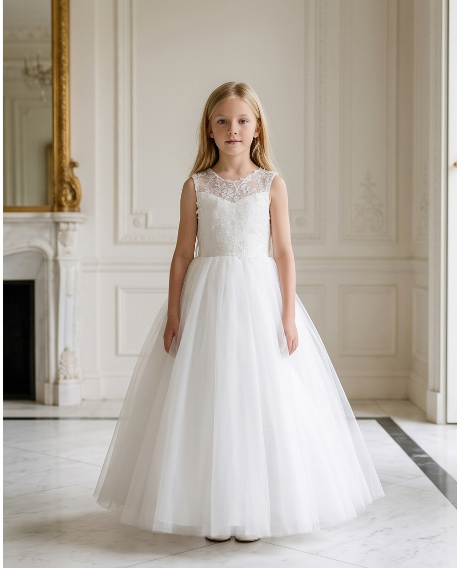 Girls White 3D Floral Appliqué Communion Dress - Front View Sunlit Room