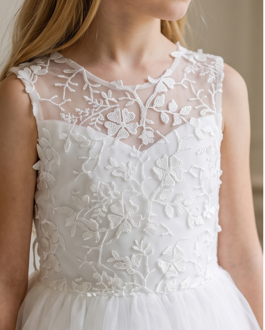 Girls White 3D Floral Appliqué Communion Dress - 3D Floral Bodice Close Up