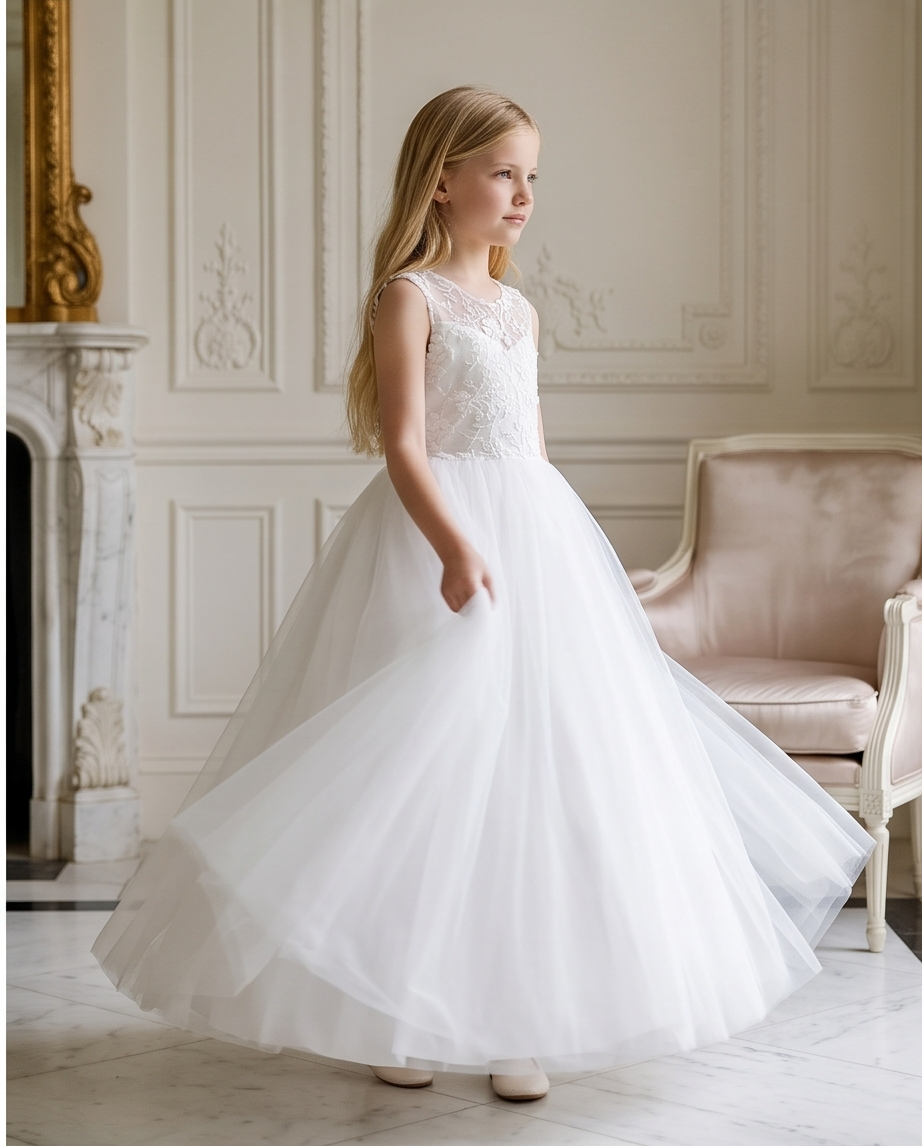 Girls White 3D Floral Appliqué Communion Dress - Back View V-Back Detail