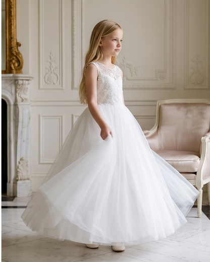 Girls White 3D Floral Appliqué Communion Dress - Back View V-Back Detail