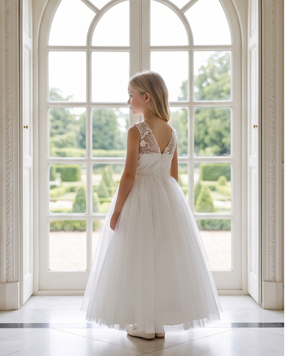 Girls White 3D Floral Appliqué Communion Dress - Front View Full Length
