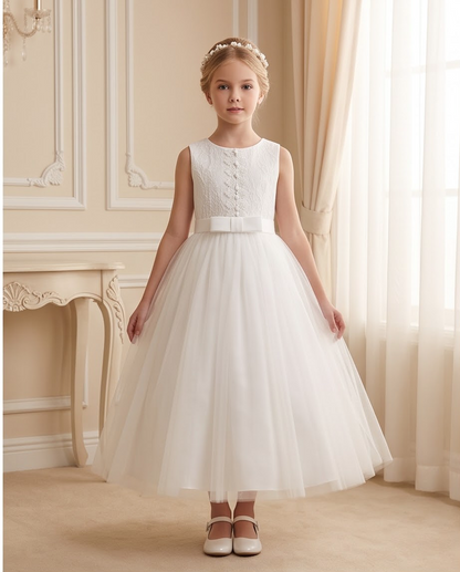 Girls White Lace Pearl Bodice Communion Dress - Pearl Centre Detail Close Up