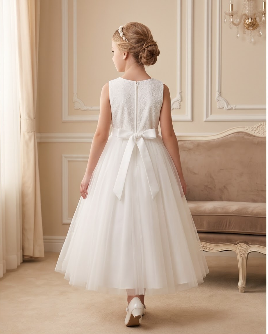 Girls White Lace Pearl Bodice Communion Dress - Mannequin Front View