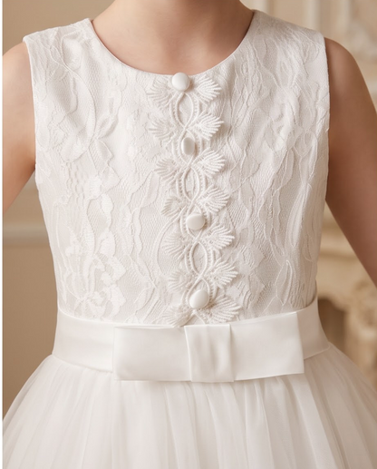 Girls White Lace Pearl Bodice Communion Dress - Front View Full Length