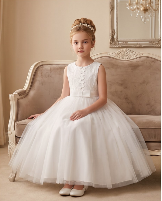 Girls White Lace Pearl Bodice Communion Dress - Back View with Satin Bow