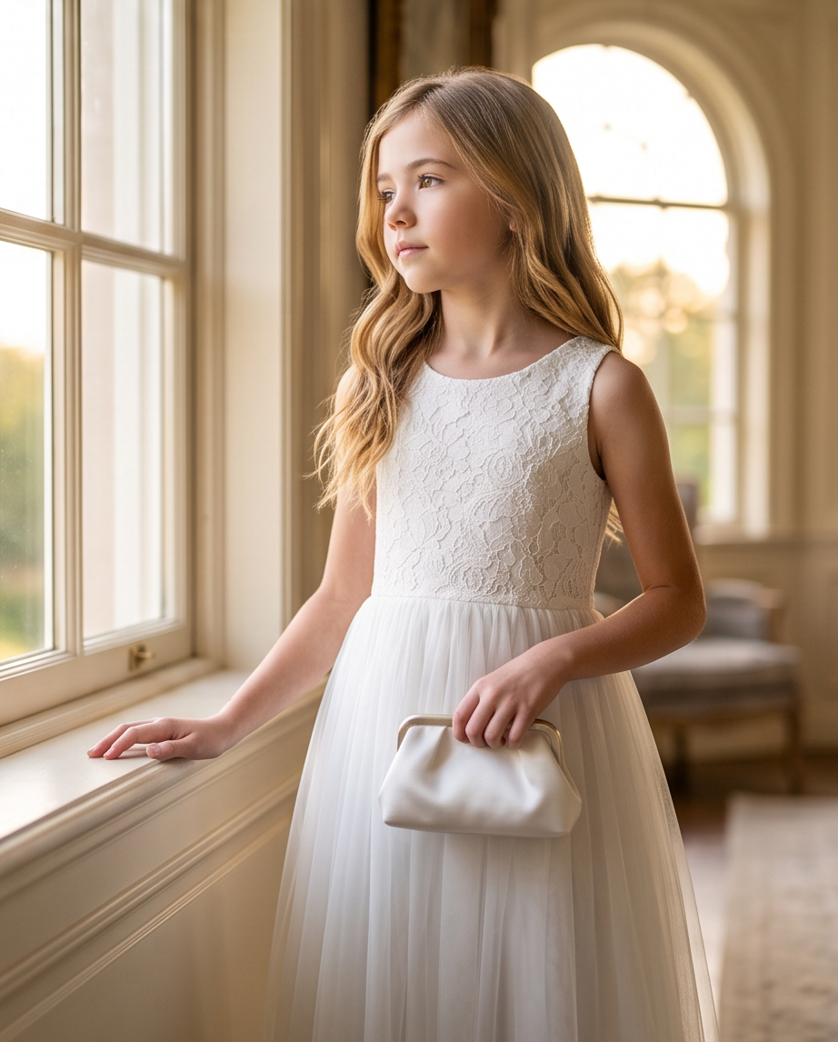 Girls White Lace Bodice Tulle Communion Dress - Lifestyle Shot with Clutch