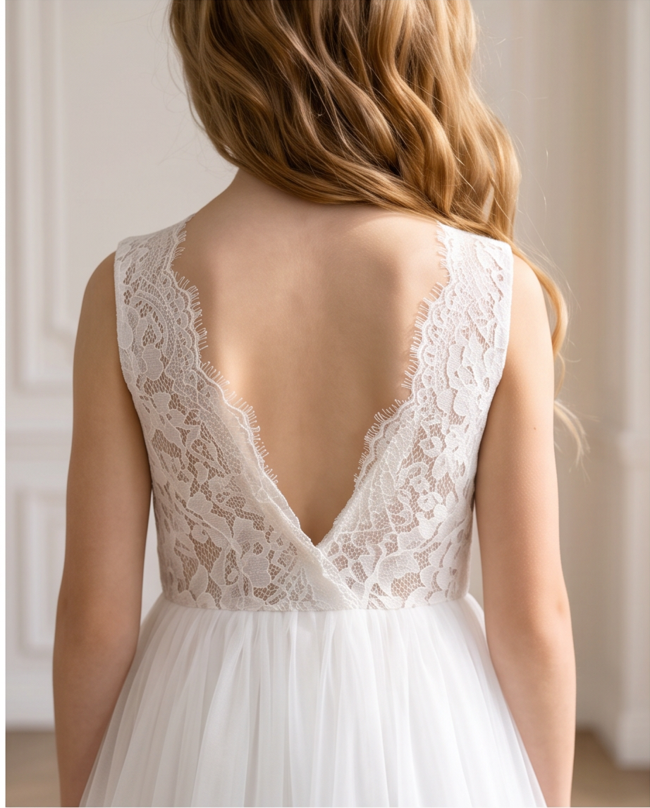 Girls White Lace Bodice Tulle Communion Dress - Side Profile View