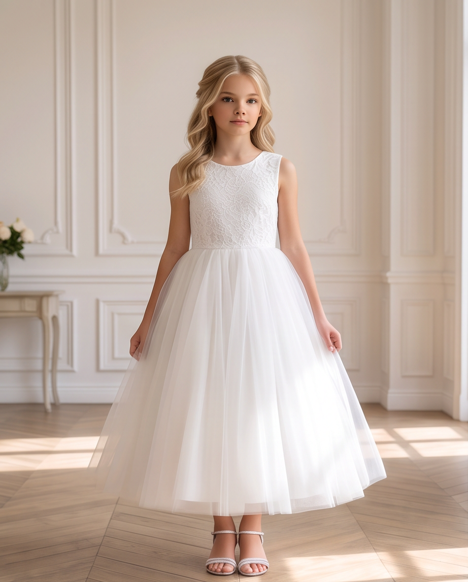 Girls White Lace Bodice Tulle Communion Dress - V-Back Lace Trim Close Up