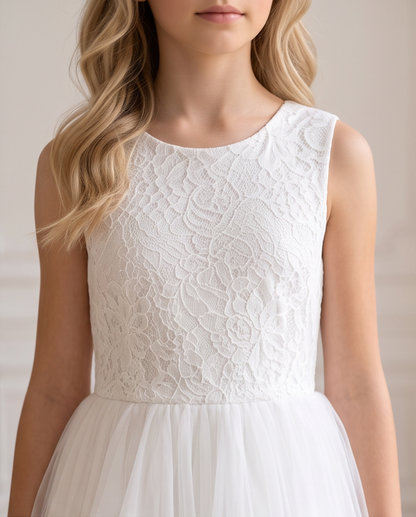 Girls White Lace Bodice Tulle Communion Dress - Back View Full Length